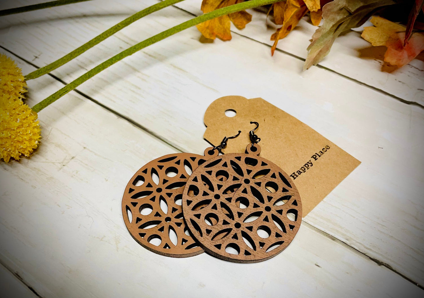 Fall wooden earrings round floral