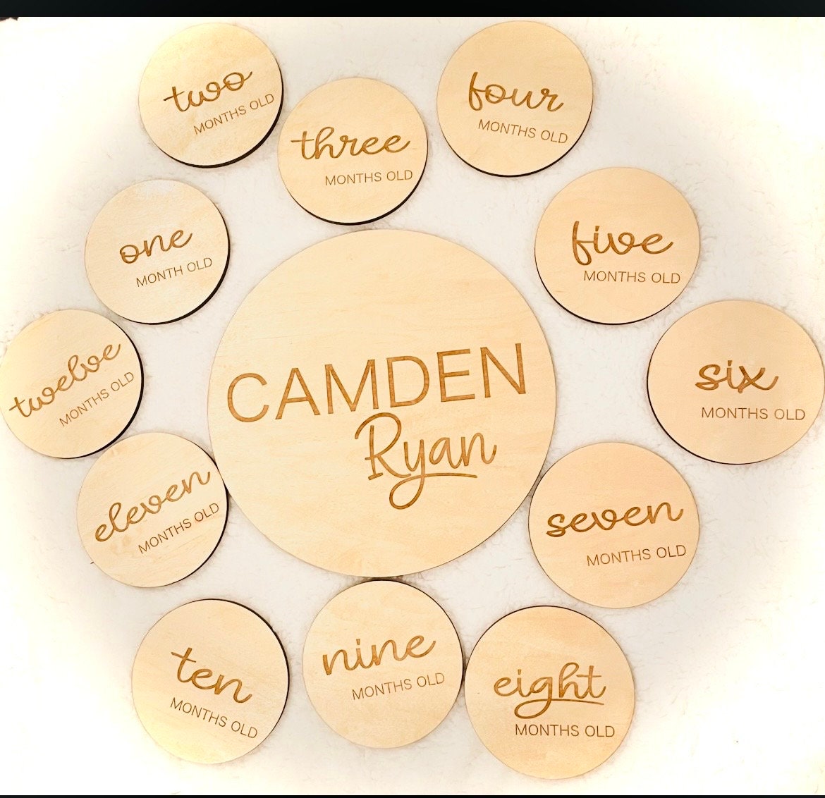 Laser engraved wooden baby milestone monthly discs + name disc