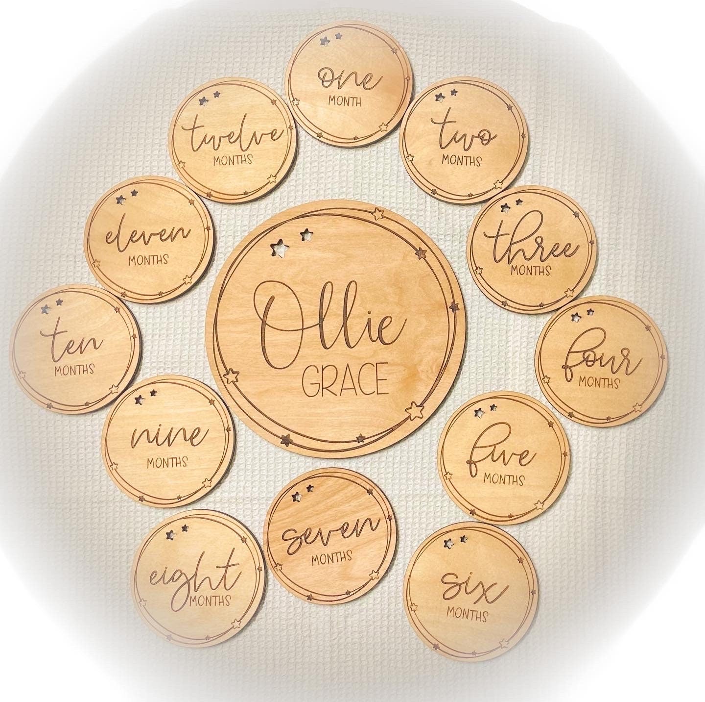 Laser engraved wooden baby milestone monthly discs + name disc