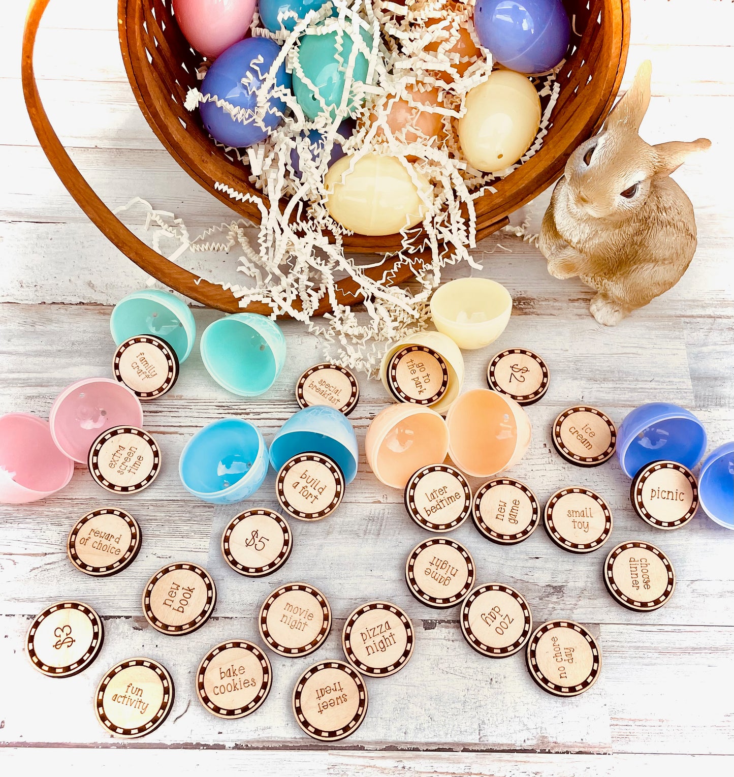 Easter egg basket tokens redeemable and reusable reward coins