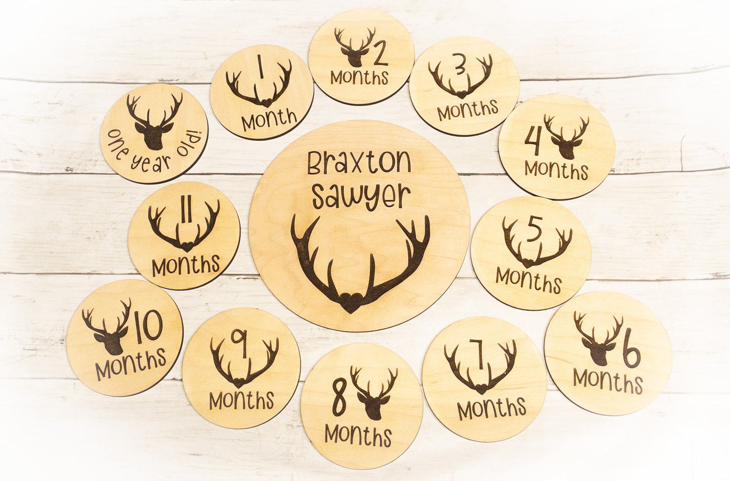 Laser engraved wooden baby milestone monthly discs + name disc