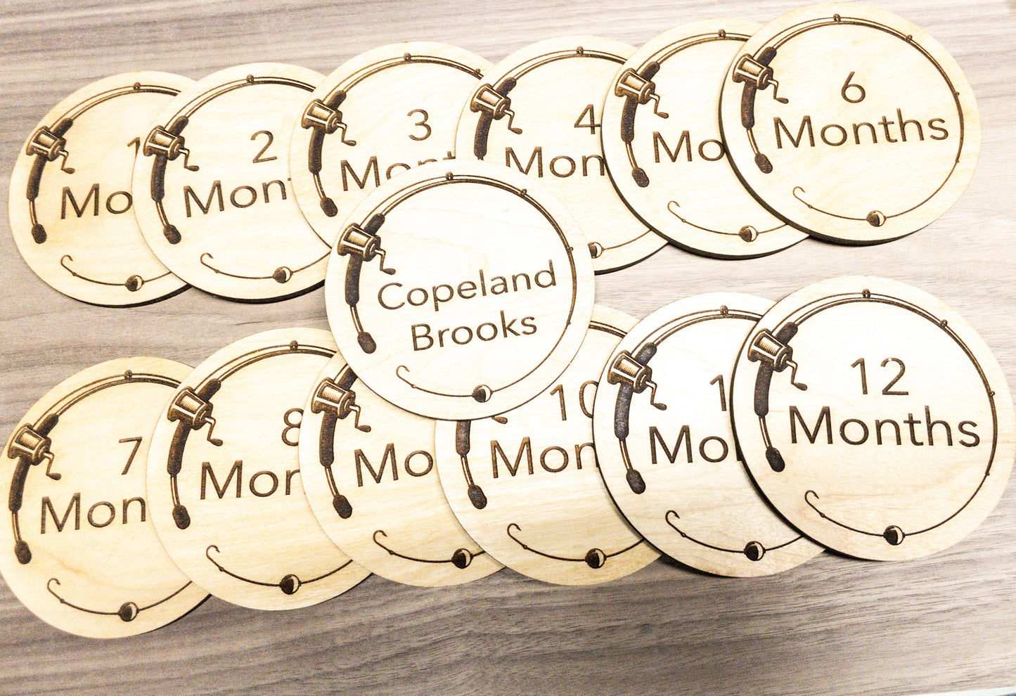 Laser engraved wooden baby milestone monthly discs + name disc